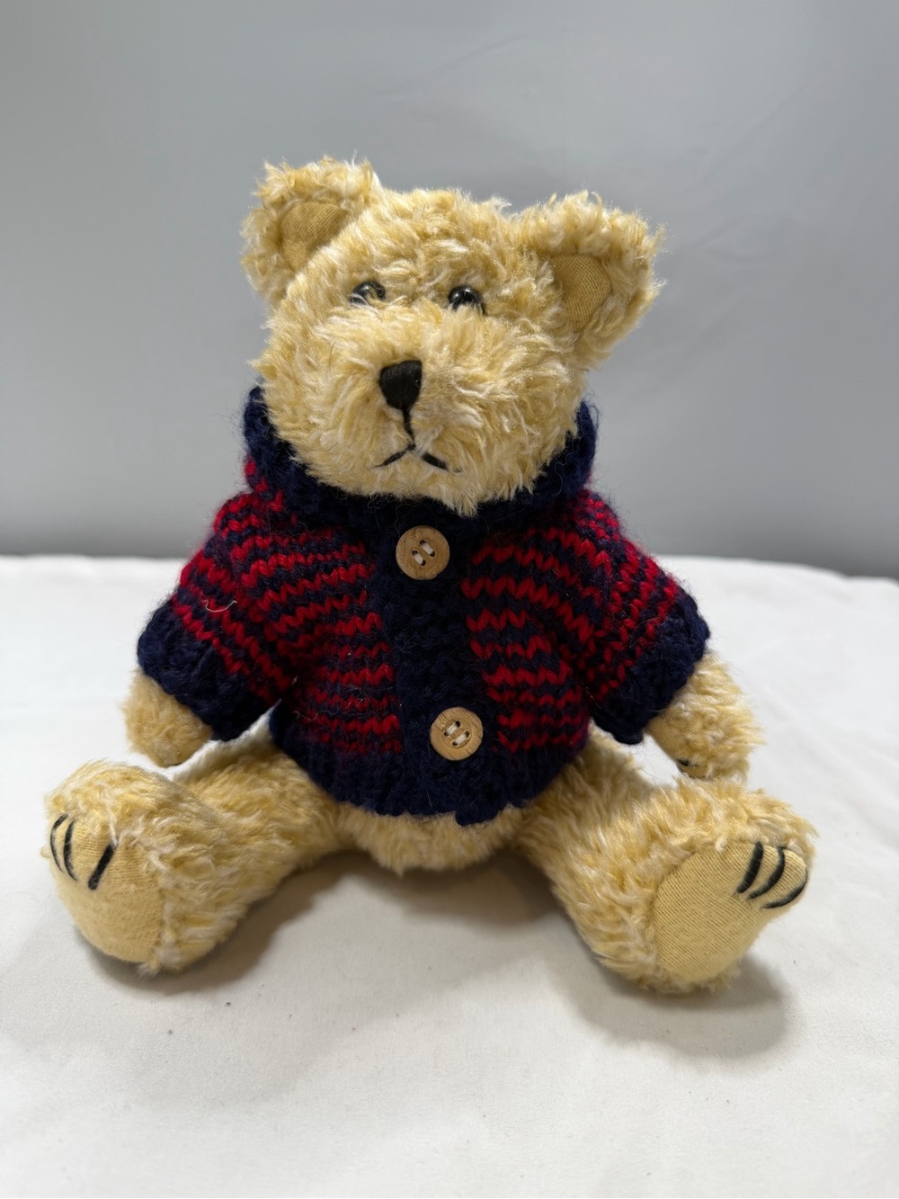 Vtg 1998 Hugfun Teddy Bear in Red Navy Hooded Knit Cardigan Sweater baby nursery